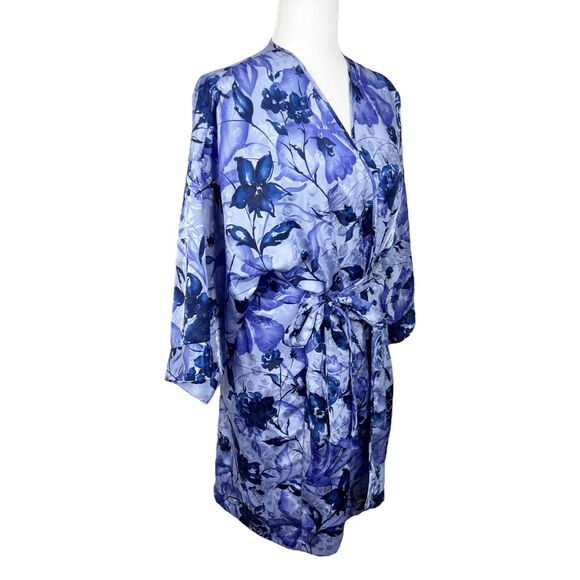 LA Intimates Robe Women Medium Blue Purple Floral Satin Belted Kimono Sleepwear - Picture 3 of 13
